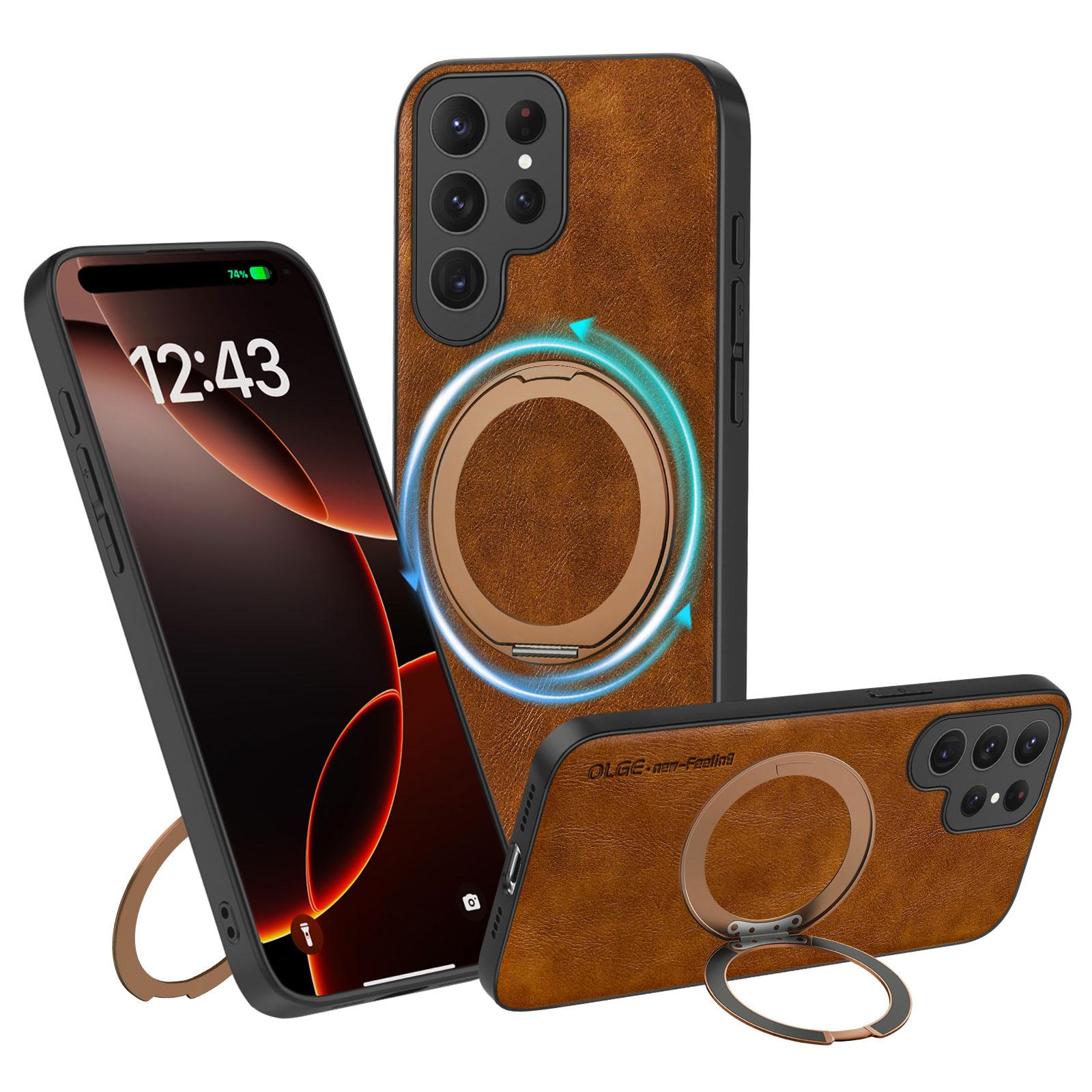 

360 Magnetic Kickstand Phone Case For Samsung Galaxy S26 S25 S24 S23 S22 S21 S20 Puls Ultra Wireless Charging Leather Back Cover Galaxy S23+ коричневий