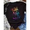Plus Size Casual T-shirt Women's Plus Butterfly & Slogan Print Short Sleeve Round Neck Slight Stretch T-shirt