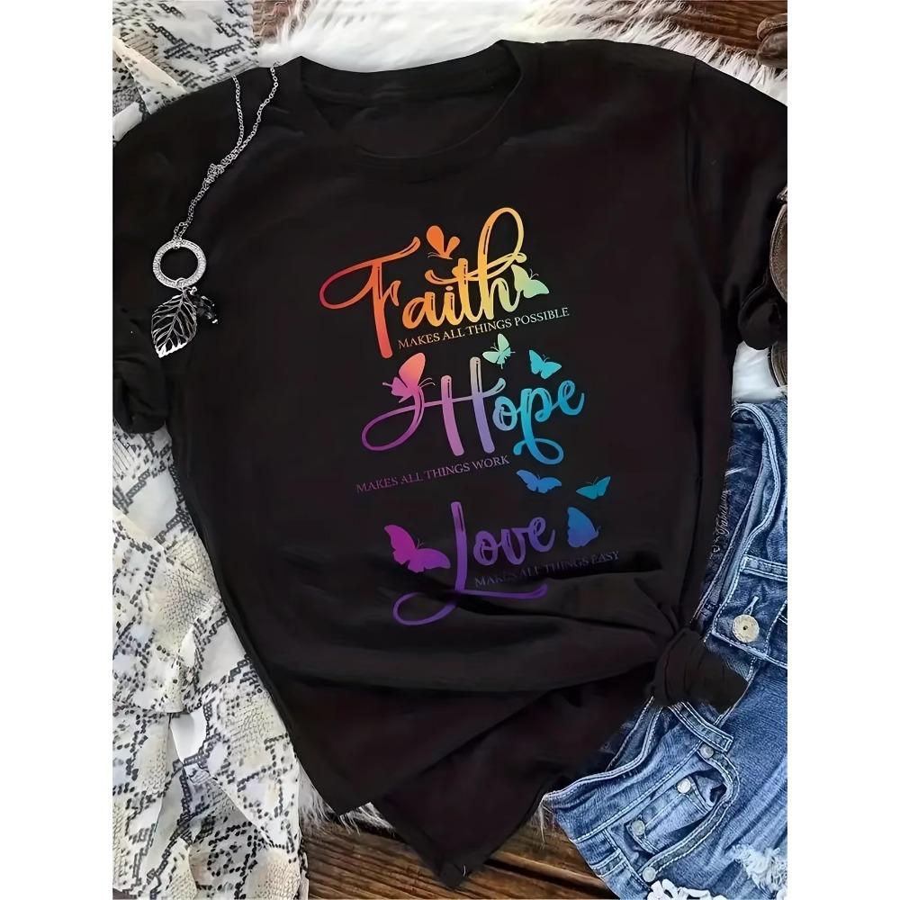 Plus Size Casual T-shirt Women's Plus Butterfly & Slogan Print Short Sleeve Round Neck Slight Stretch T-shirt