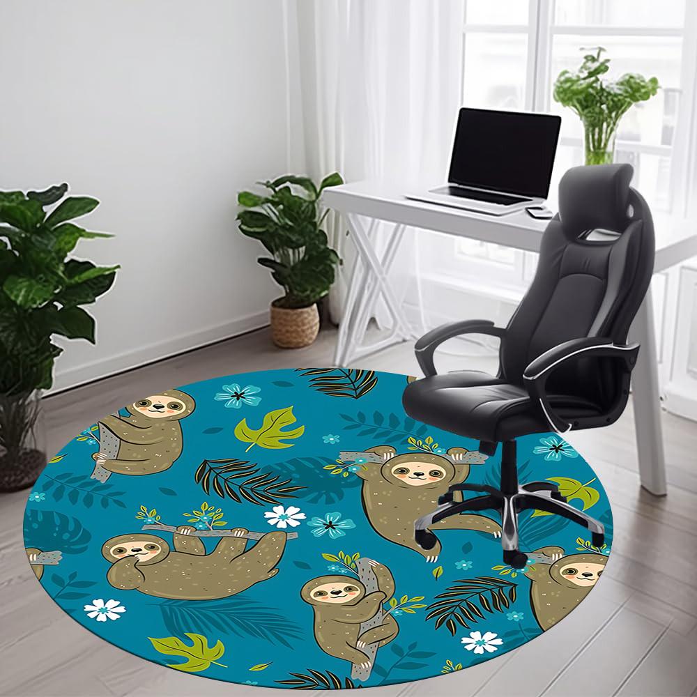 1PC Sloth Floral Office Round Area Rug, Mat Suitable For Office, Under Office Chairs Bedroom Living Room Home Decor, Room Deco