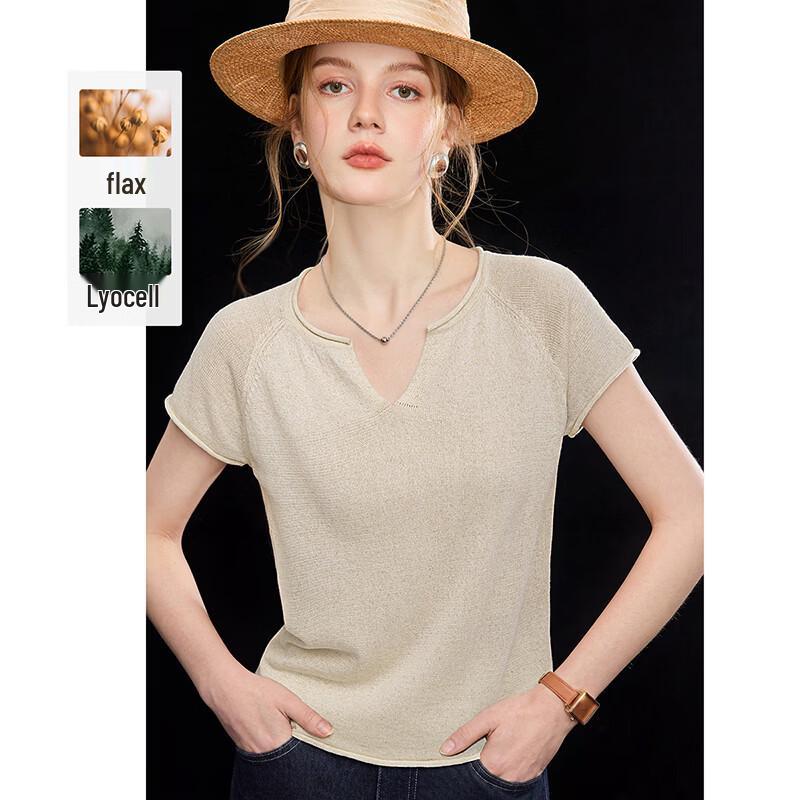 Wudao French Minimalist Y-Neck T-Shirt with Tencel Linen