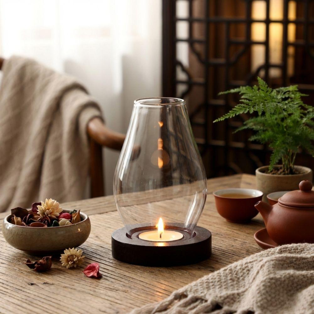 Windproof Tealight Cup Solid Wood Base Incenses Stove Lamp Unique Glass Candle Holder  Zen Ambiance