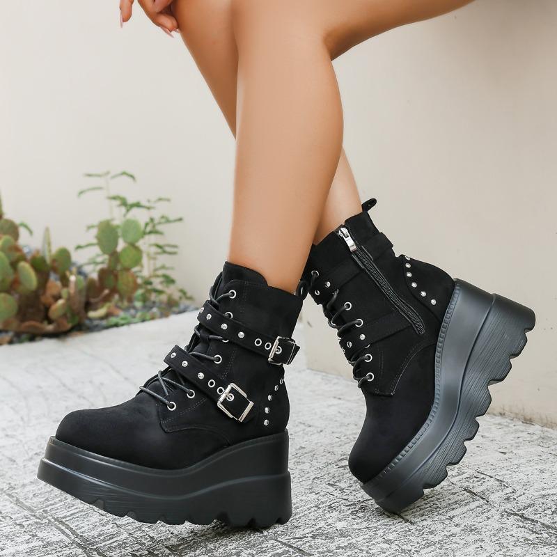 Fashion Wedge Cotton Boots Winter New Round Toe Front Lace-Up Rivet Metal Buckle Platform Anti-Slip Wear-Resistant Short Shoes
