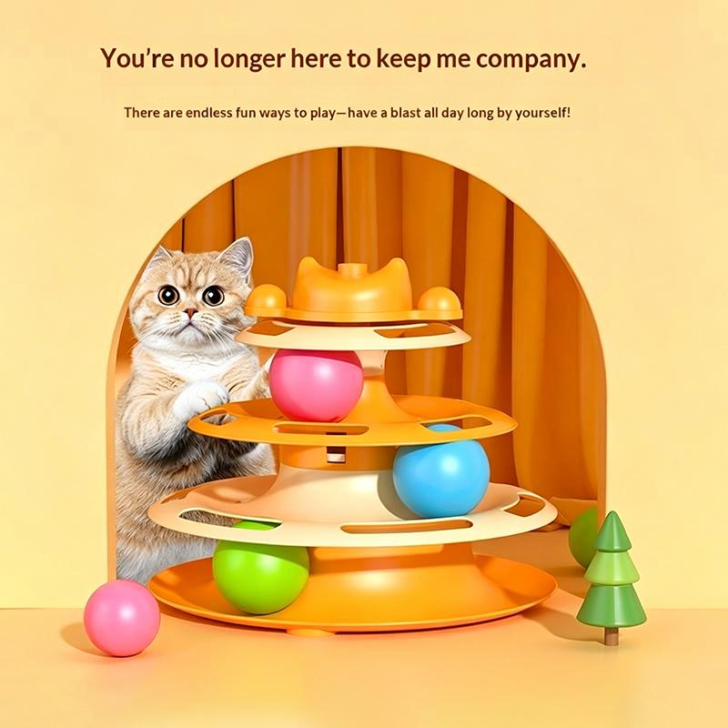 3 Layer Cat Turntable Toy Rolling Ball Track With Feather Teaser Interactive Cat Game Toy For Indoor Kitten Play