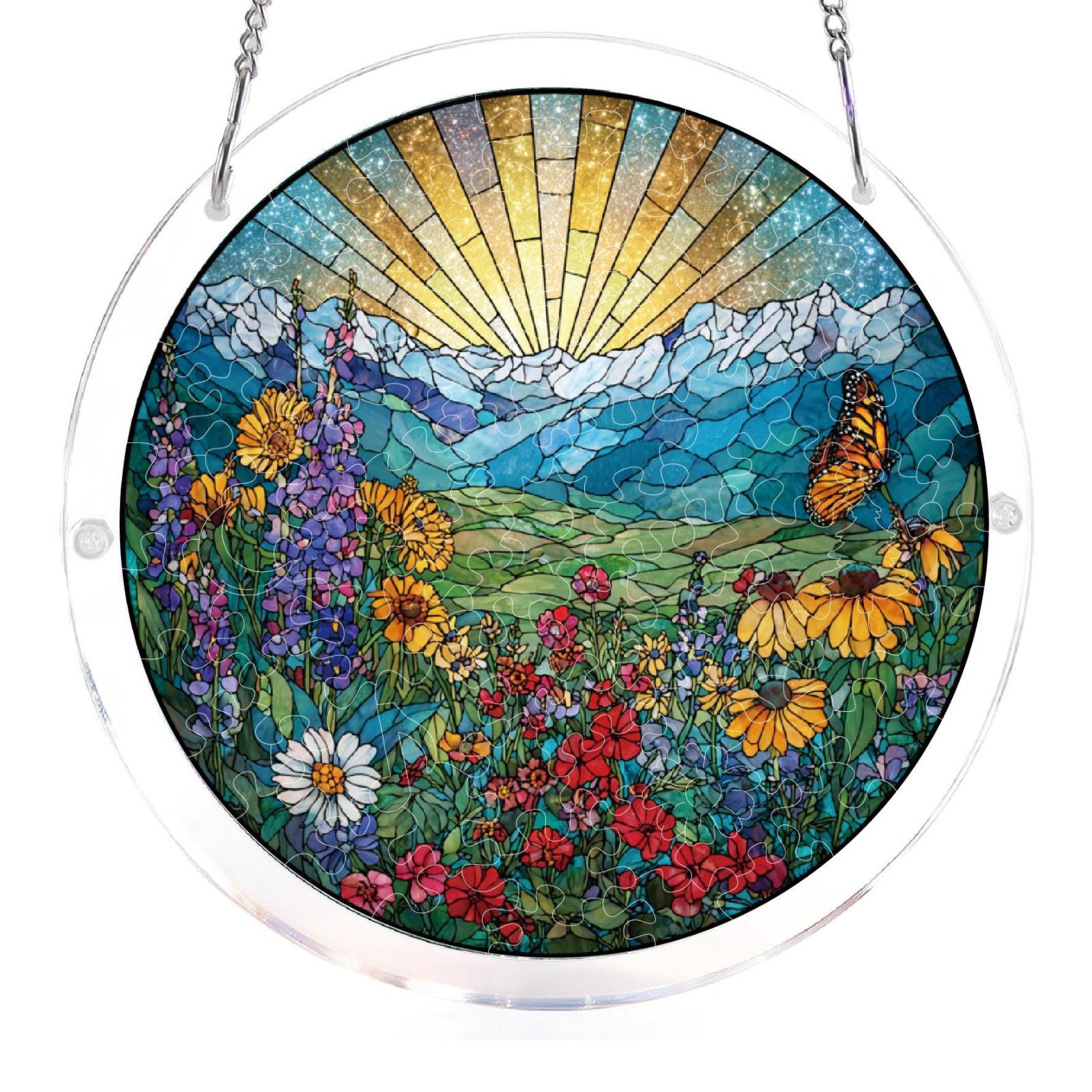 

Acrylic Suncatcher Window Hanging Decor Round Stained Glass Style Floral Mountain Landscape Design with Butterfly and Sun Rays One Size