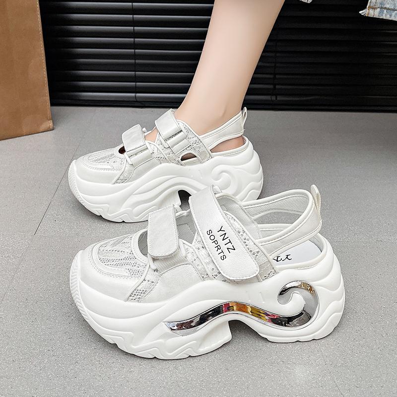 Fashion 8CM Breathable Hollow Leather Women Sandals Vulcanized Mesh Chunky Platform Gladiator Shoes High Heels Casual Summer Sneakers
