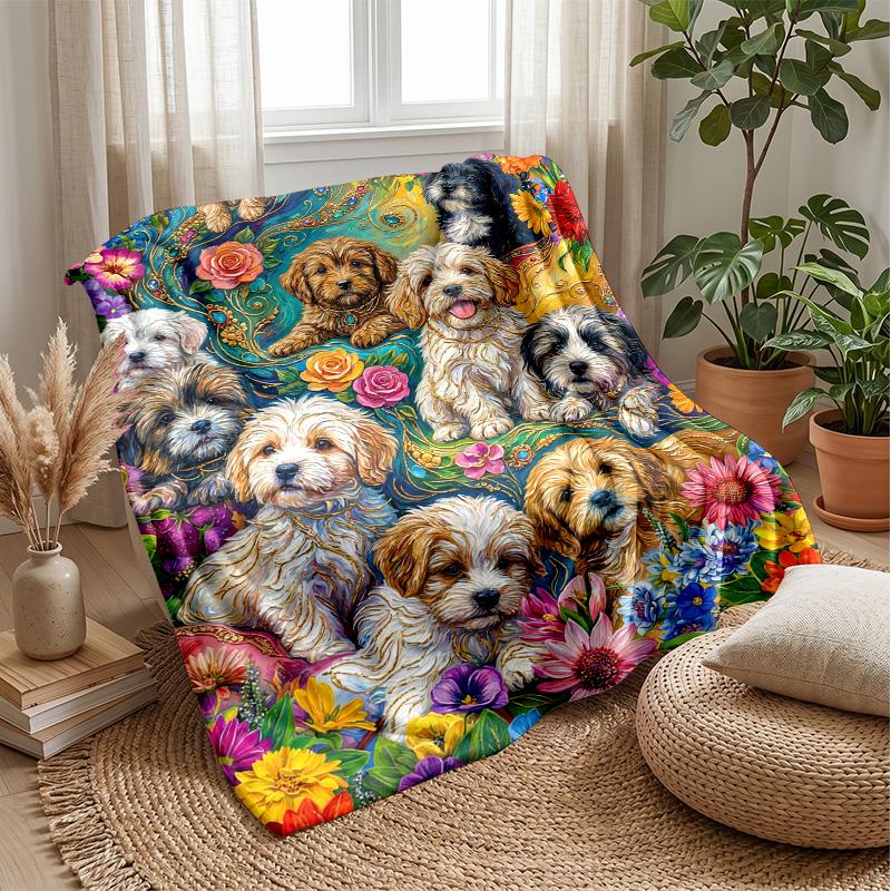 Floral Puppies Garden 3 Theme blanket Lightweight Warm Flannel Blanket Decorative Throw Blanket for Home Decoration