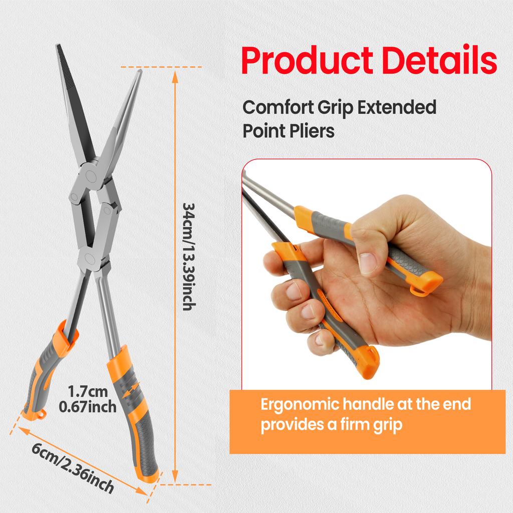 Long Reach Needle Nose Pliers 13 Inch Chrome Vanadium Steel Double Joint Long Nose Pliers with Ergonomic Handle for Tight Space