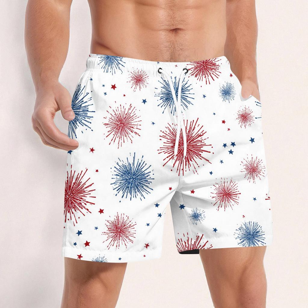Men Swim Trunks Drawstring Waist 3D Star Print Quick Dry Board Shorts with Mesh and Side Pockets
