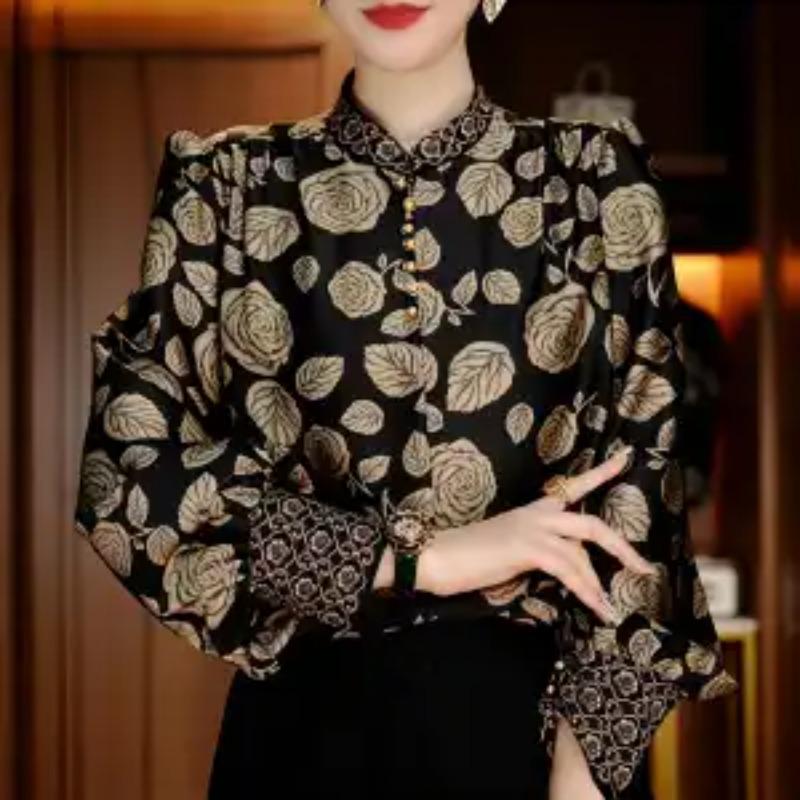 Chemise de base imprimée classique à tempérament à la mode, nouveau style Printemps, amincissante, ample, décontractée, chemise de mère