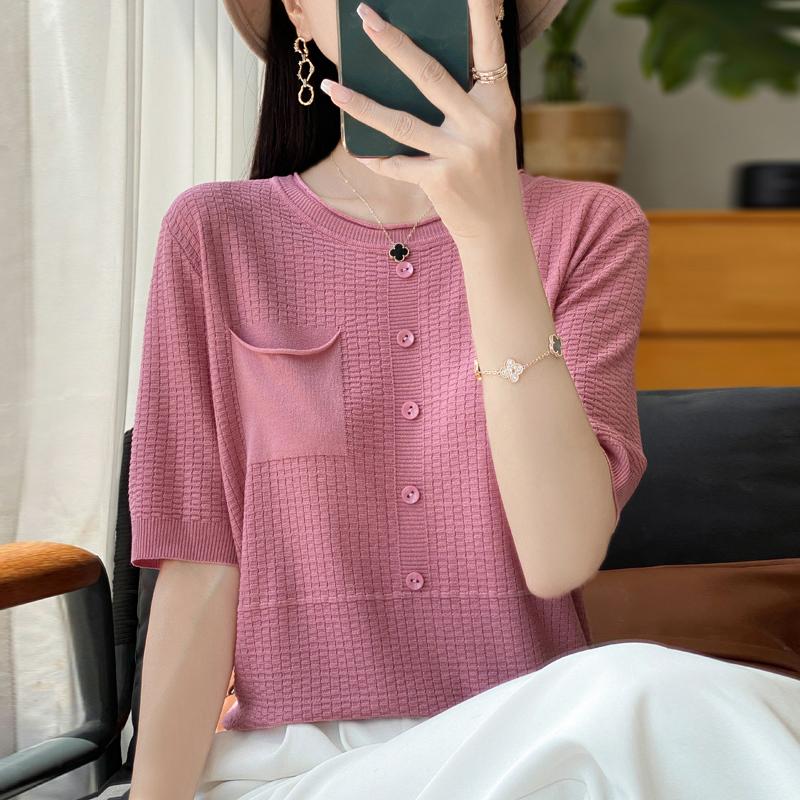 Women Knit T-shirt Summer Knitted Shirt Short Sleeve Tees O-neck Pullover Knit Tops Female