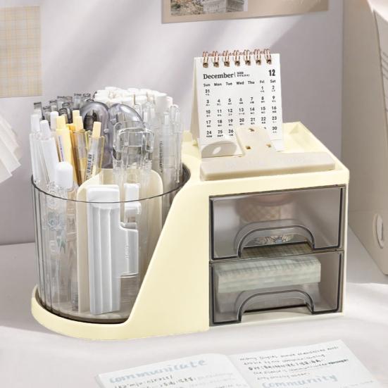 Storage Rack Degree Rotating Desk Organizer with Swivel Pencil Holder 360 4 Compartments Drawers Stationery