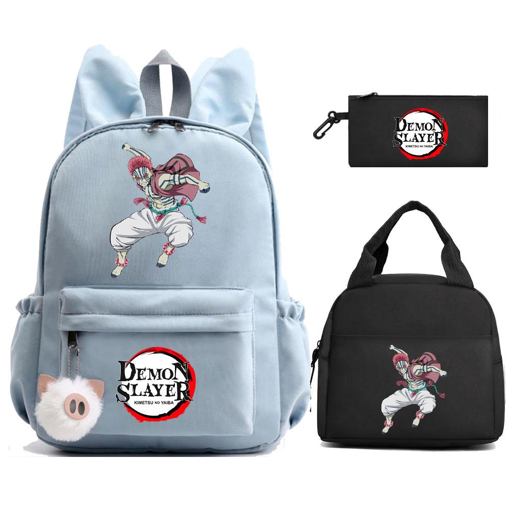 3 st/set Anime Demon Slayer Tryckt Ryggsäck Matlåda Pennfodral för Barn Elev Skolväska Dam Stor Kapacitet Vattentät Resväska Gåva