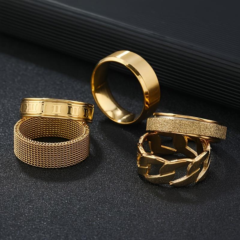 Stainless Steel Ring Set 5 Pieces of 18K Gold Plated Rotatable Decompression Rings, Men's Hip Hop Hollow-Out Design