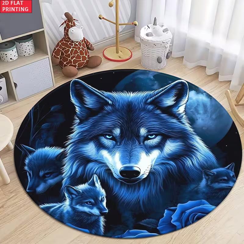 Mystický Modrý Vlk Kulatý Koberec do Obývacího Pokojíku Fantasy Obloha s Pírkem a Hvězdami Měkký Protiskluzový Koberec pro Obývací Pokoj Ložnici Dětský Herní Koutek