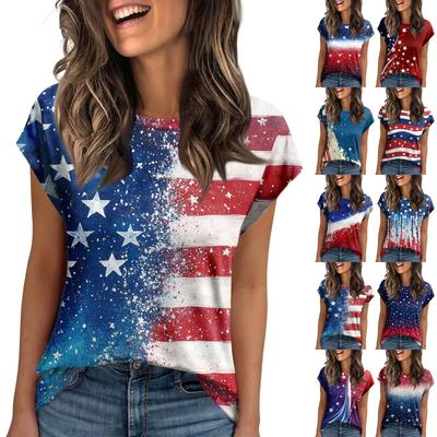 Damska Okrągły Dekolt Krótki Rękaw Średniej Długości T-shirt Luźny Casual Dzień Niepodległości Nadruk Krótki Rękaw T-shirt Top