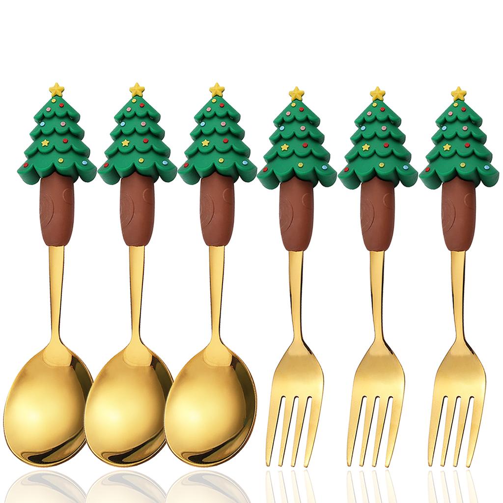 6pcs Stainless Steel Christmas Dinnerware Set Cake Fork Coffee Spoon Party Tableware Christmas Tree Moose Snowman Fork Spoon Set