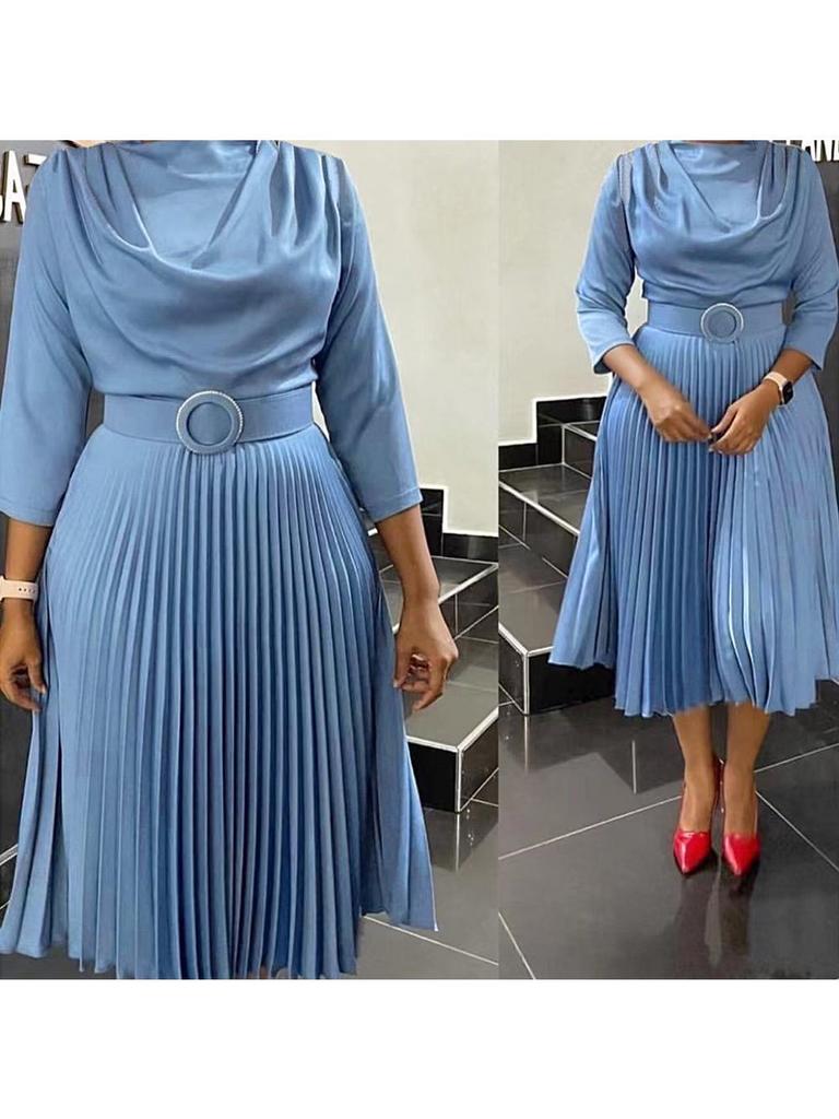 2023 Women's African Plus Size Solid Color Mid-length OL Commute Dress