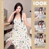 Summer V-Neck Nightdress with Chest Pads - Sexy Bubble Cotton Spaghetti Strap Style: Loose Fit Homewear for Women