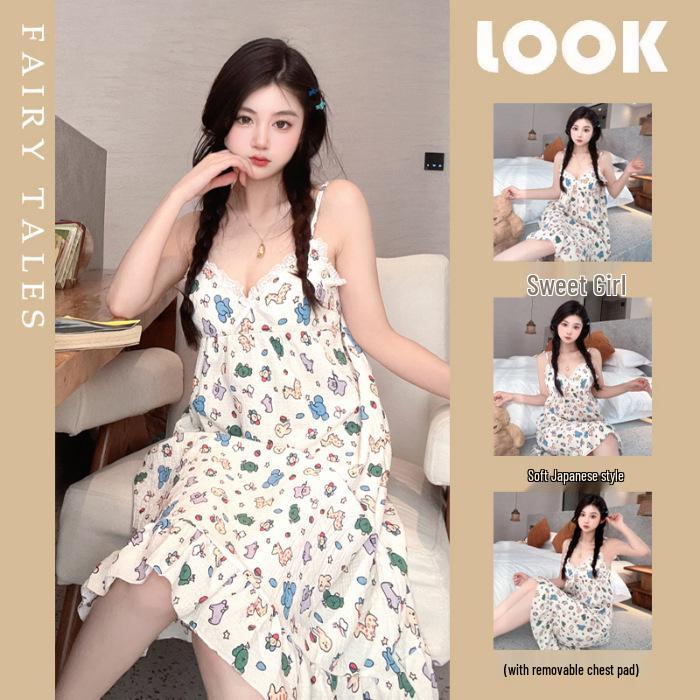Summer V-Neck Nightdress with Chest Pads - Sexy Bubble Cotton Spaghetti Strap Style: Loose Fit Homewear for Women