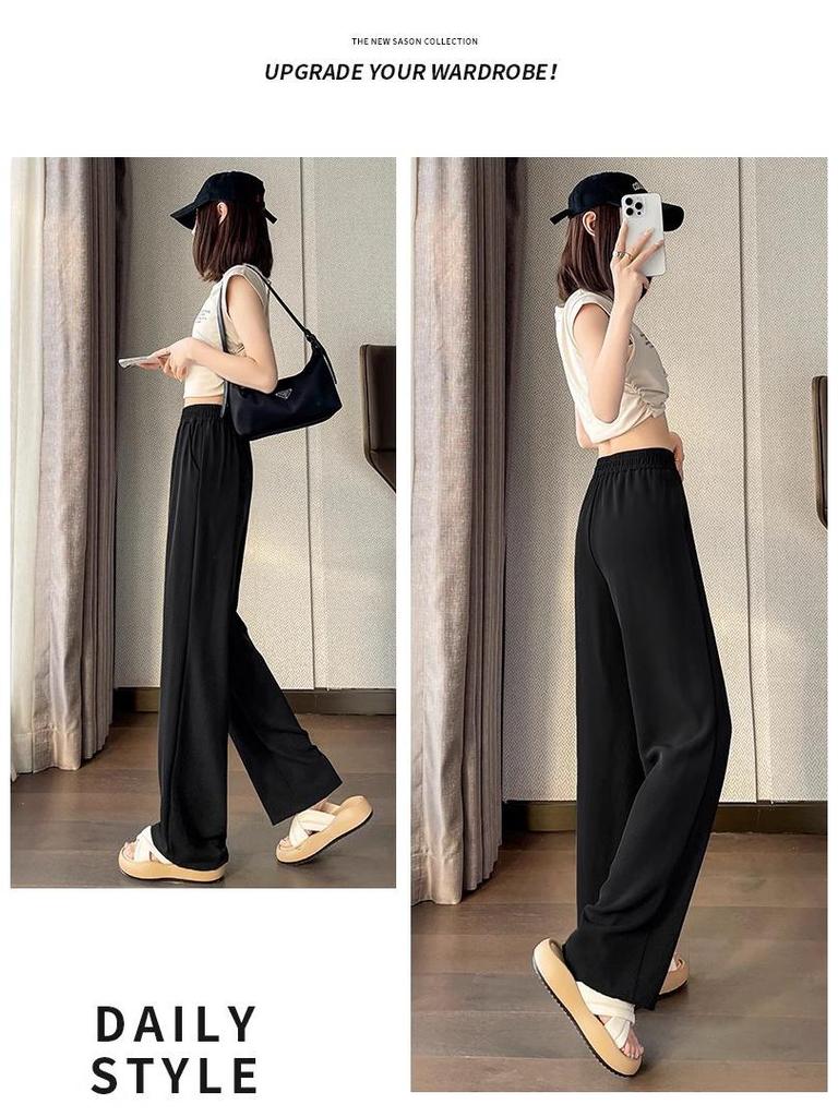 Women's Summer High-Waisted Black Wide-Leg Floor-Length Pants