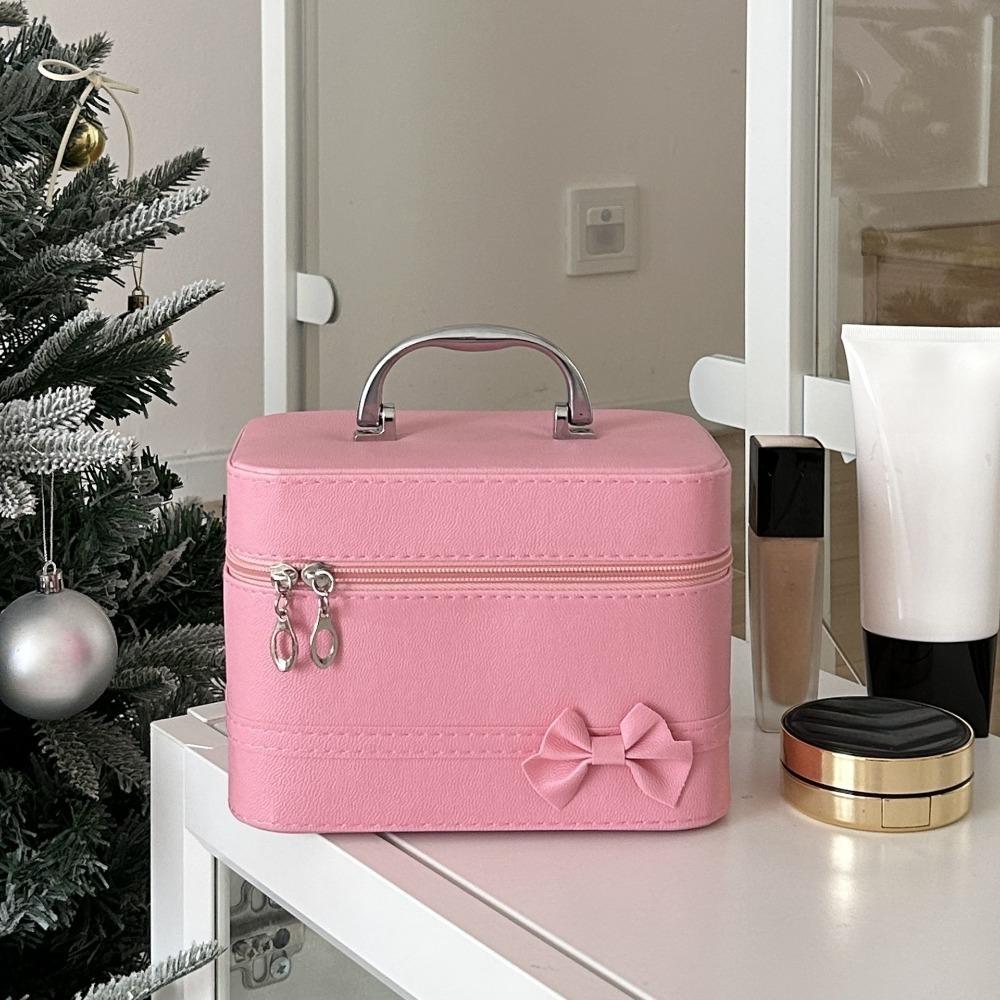 Pink Bow PU Leather Makeup Bag Portable Handheld Makeup Case Skincare Product Storage Box Trips