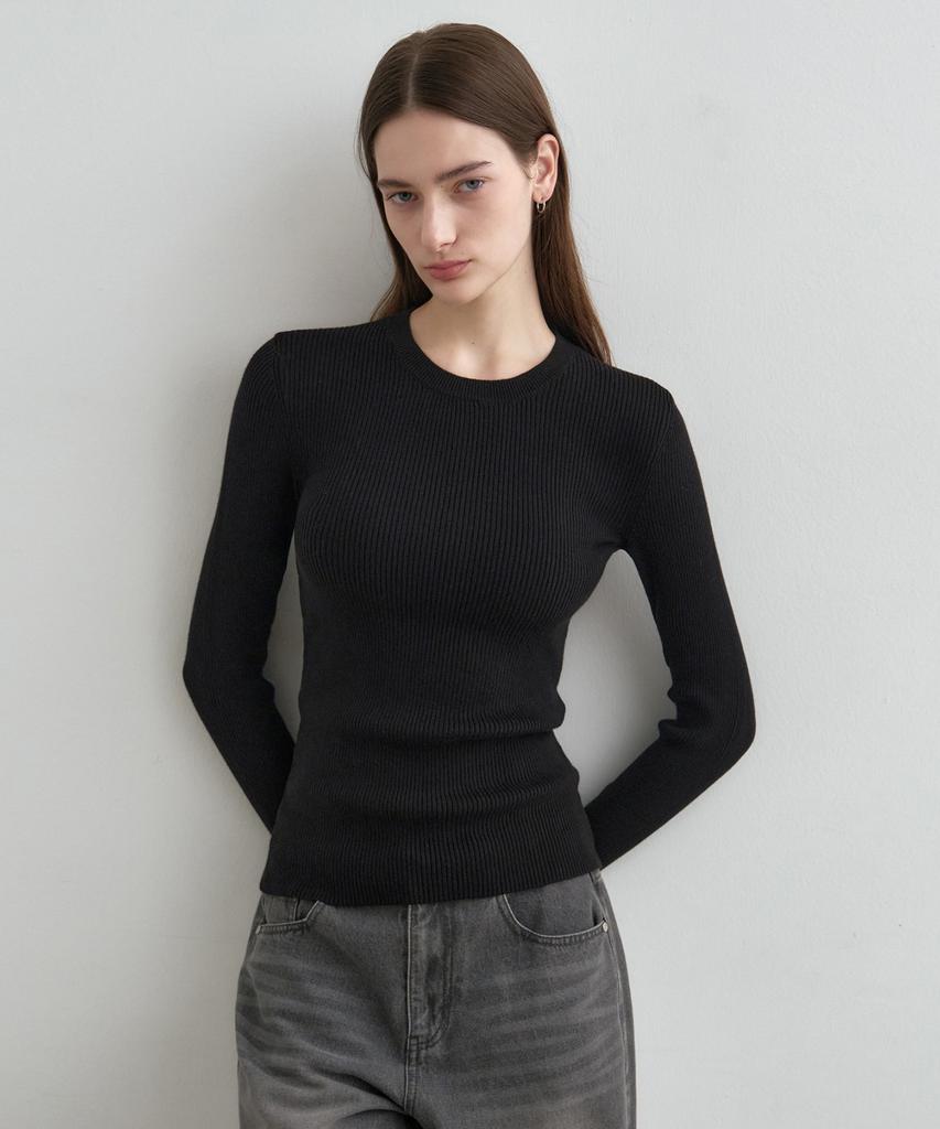 MONGDOL Round Neck Ribbed Knit Mdkt062_5 Colors