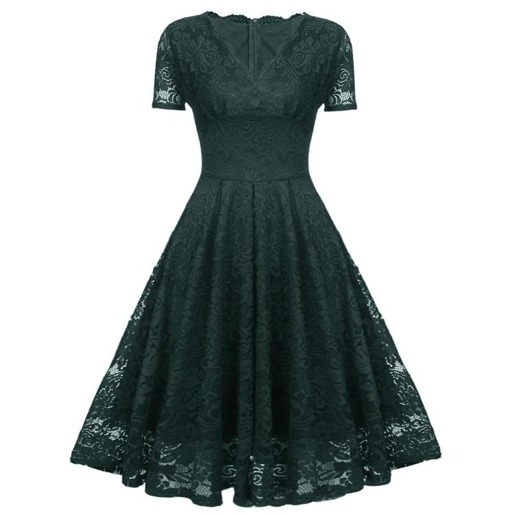 Bright Deer Women's Lace Cocktail Dress V Neck Short Sleeve Fitted Waist Midi Prom Bridesmaid Wedding Guest Party Evening Occasion Outfit