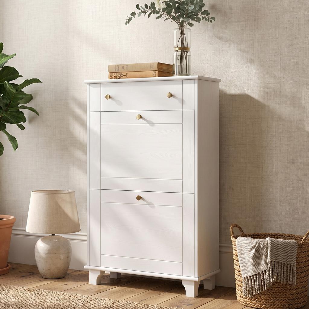 Slim Space-Saving Shoe Rack, 2 Flap Doors, Adjustable Shelves, Drawer, Raised Base, White