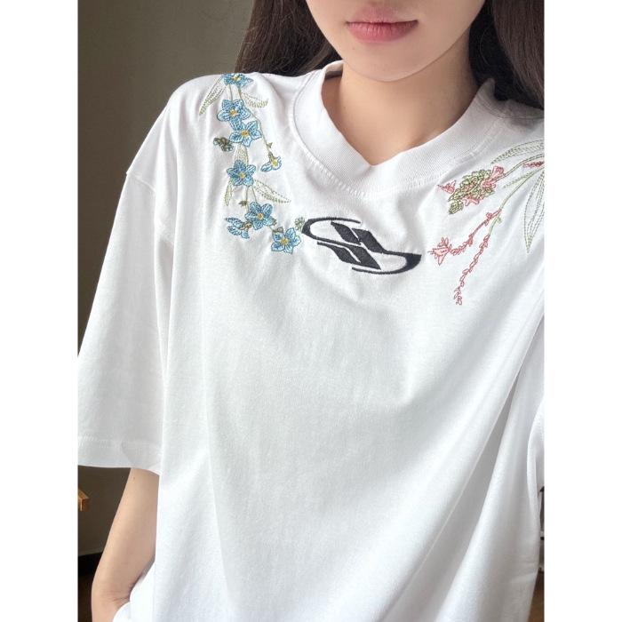 Women's Summer Plum Blossom Embroidery Cotton T-Shirt - Loose Fit, Trendy Unisex Style