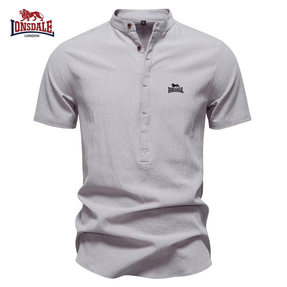 Lonsdale 2026 Summer New Embroidered Business Casual Shirt Men's Short Sleeved Cotton Linen Shirt Stand Collar Cotton Shirt
