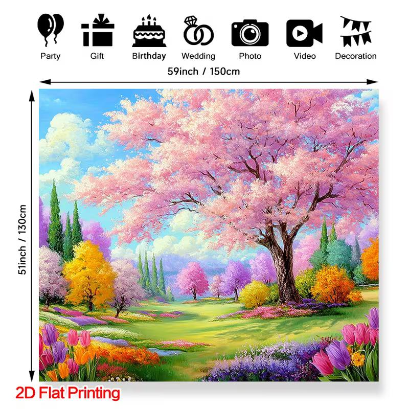 2D Whimsical Spring Garden with Cherry Blossom and Tulips Tapestry 47.2x31.5inch/120*80cm