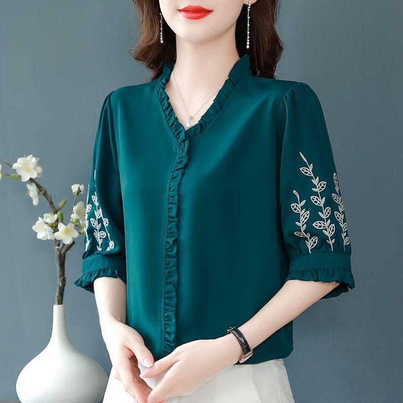 Women's Clothing Temperament Solid Short Sleeve V-neck Pullovers Loose Patchwork Embroidery Elegant Fashion Casual T-Shirts