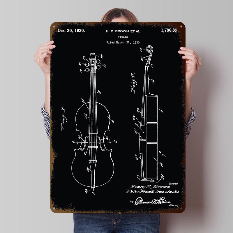 Violin Patent Print Tinplate Posters Customizable Wall Art Retro Vintage Metal Signs for Home Room Garage Decoration Gaming Cozy