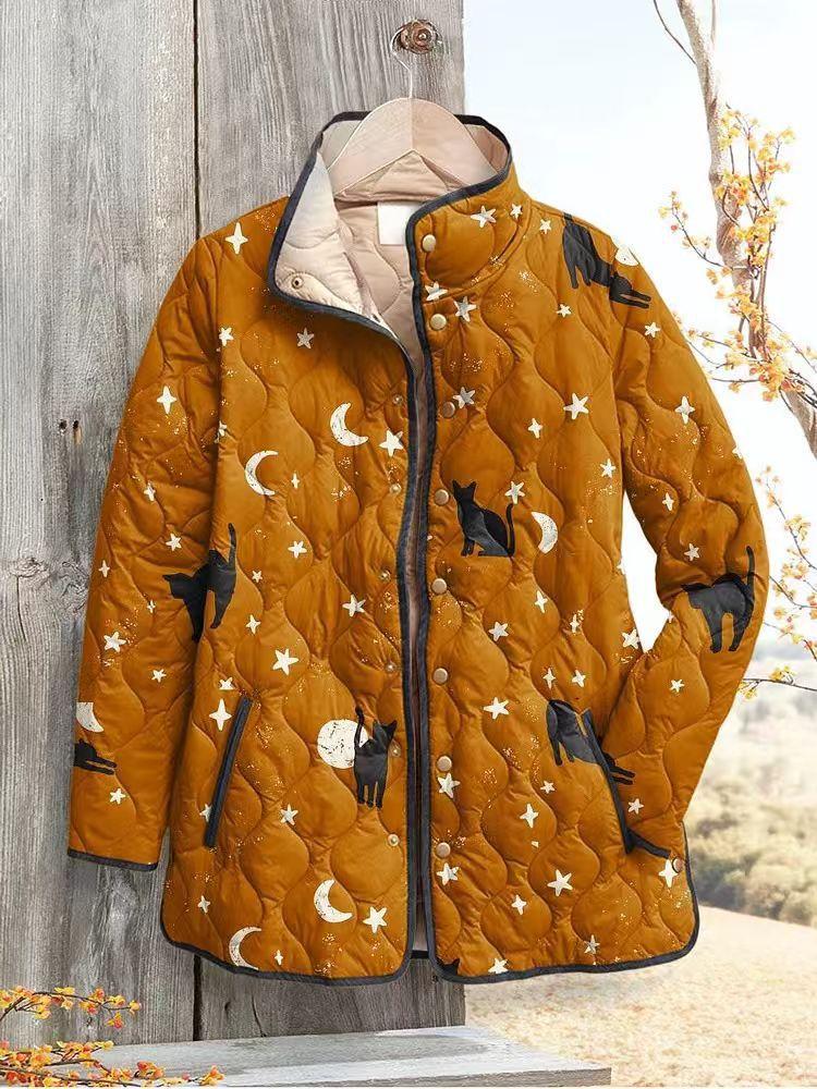 Women's Tropical Leaf Print Quilted Jacket Stand Collar Button Down Contrast Trim Casual Coat