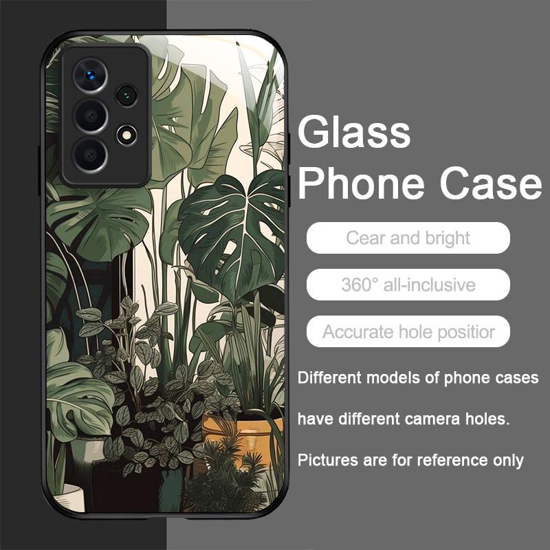Fashion Palm Leaf Floral Pattern Tempered Glass Phone Case for Samsung Galaxy A56 A55 A54 A53 A52 A36 A14 A15 5G Anti-drop Cover