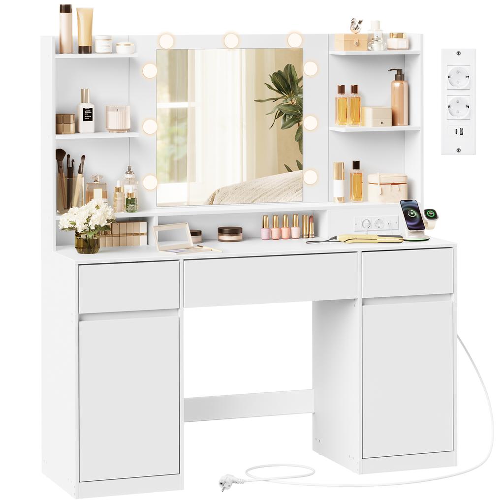 VASAGLE Coleção Kailyn RDT142WB02 Toucador com Espelho e Luzes LED, Régua de Tomadas, 2 Armários, 9 Lâmpadas Reguláveis, 3 Cores de Luz