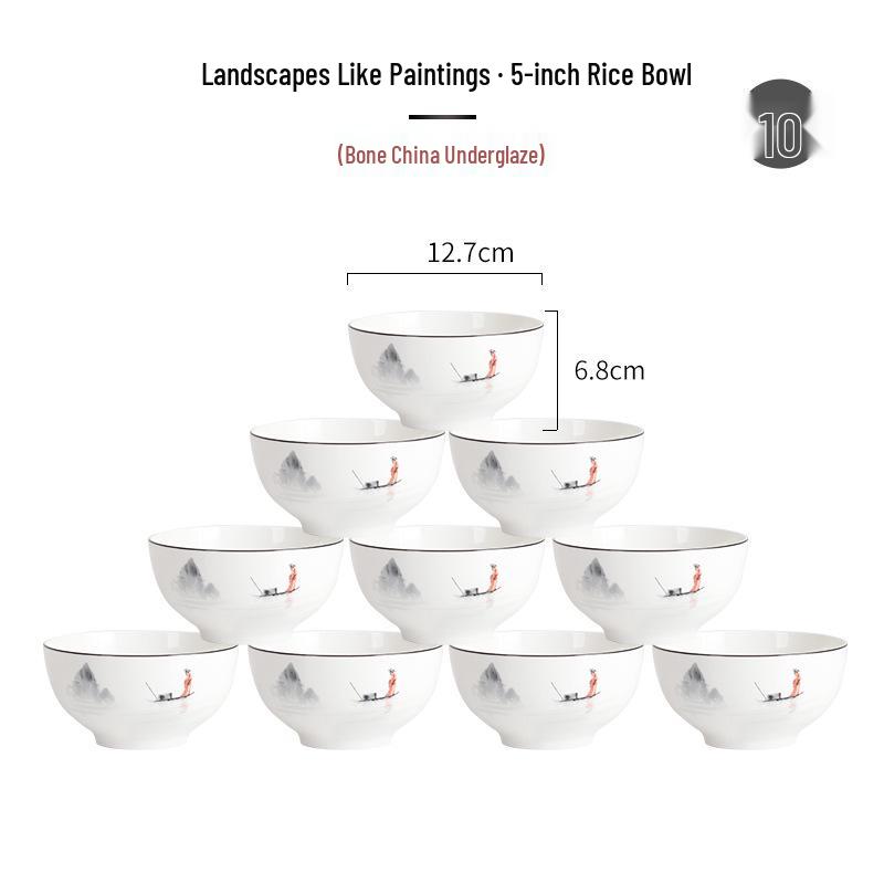 Tangshan Underglaze Ceramic Landscape Ramen Bowl Set