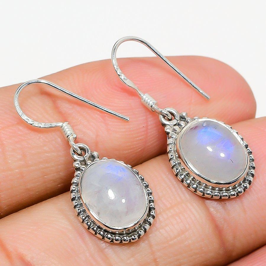 Natürlicher Regenbogen-Mondstein Edelstein 925 Massiv Sterling Silber Ohrring 1.25" k8K18