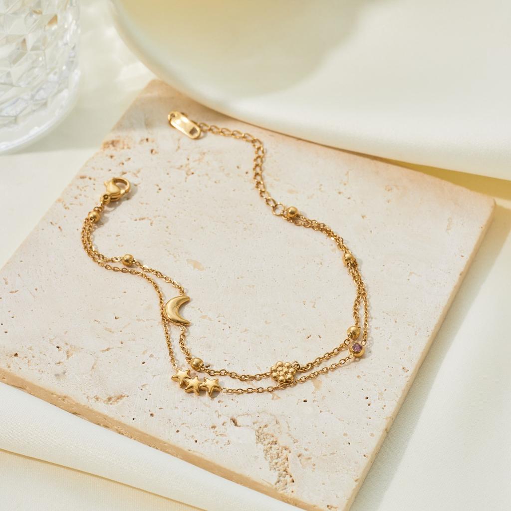Landy Waterproof Polaris Star Moon Double Chain Bracelet Stainless Steel Hypoallergenic Gold Plated Chain Bracelets for Party