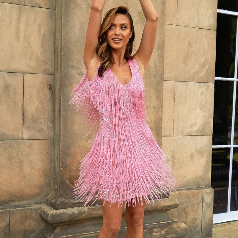 New, New Fringed Beaded Sleeveless Dress, Evening Dress