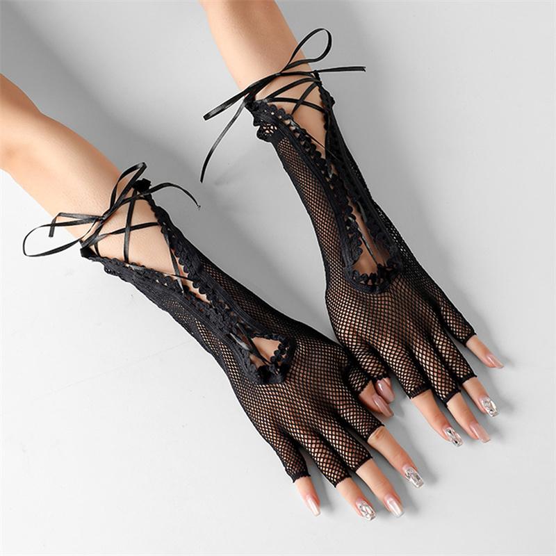 Fashion Women's Mesh Lace Gloves Dancing Party Half Finger Skeleton Gloves Halloween Short Gloves
