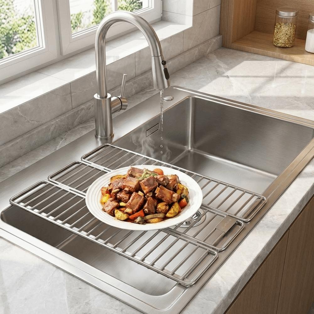 Adjustable Sink Dish Drying Rack Rust‑Resistant Over Sink Drain Mat for Kitchen