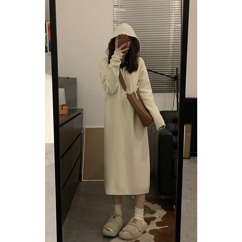 Autumn and Winter New Casual Hooded Dress Femininity Thin Long Knitted Sweater Dress Trendy