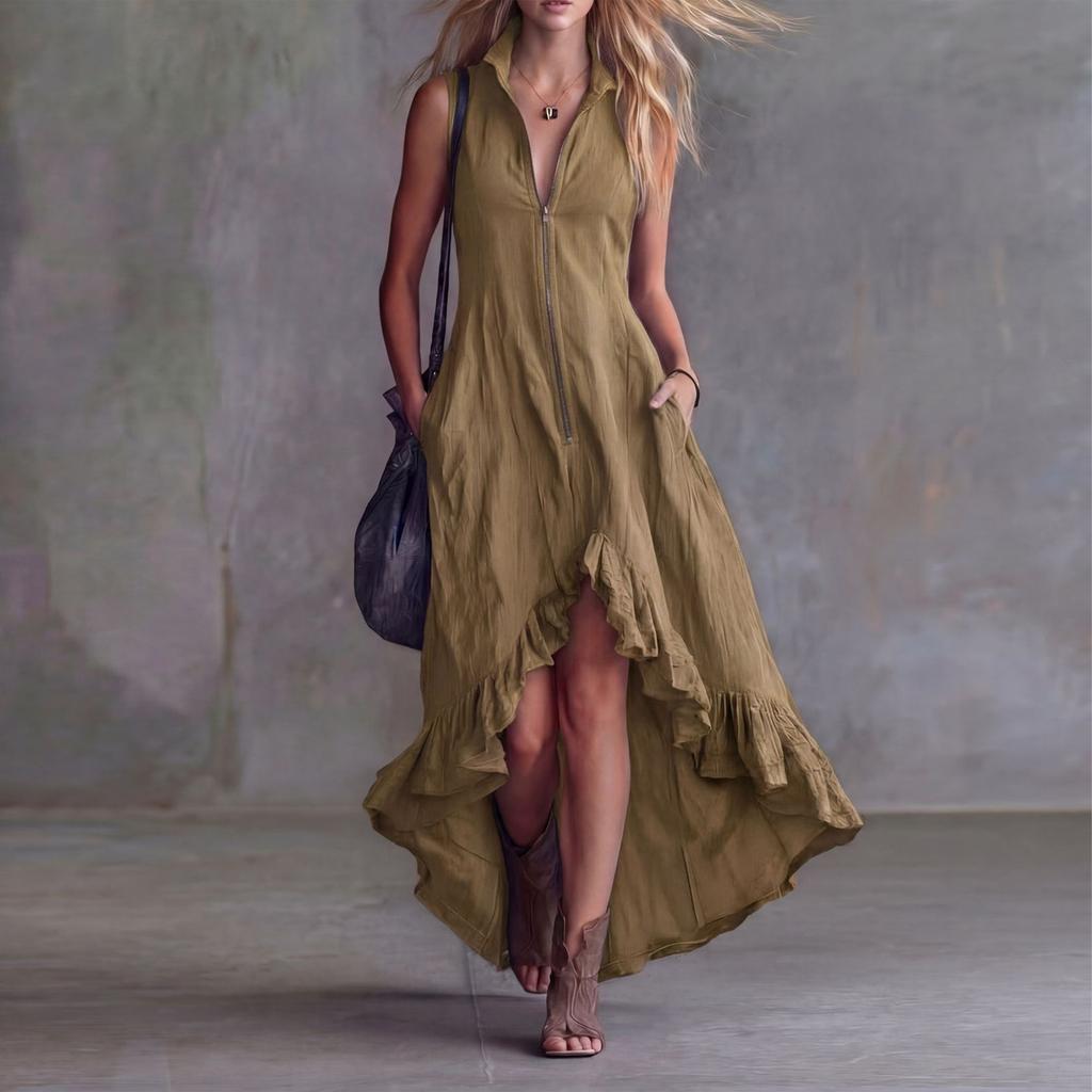 Women's Fashionable Color Sleeveless Retro Casual Lapel Zipper Ruffle Hem Dress