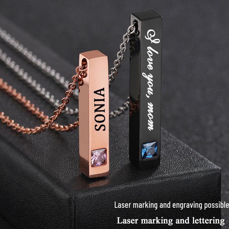 Titanium Steel Rectangular Cylinder Pendant with Four-Sided Laser Engraving In Rose Gold and Diamond for Couples