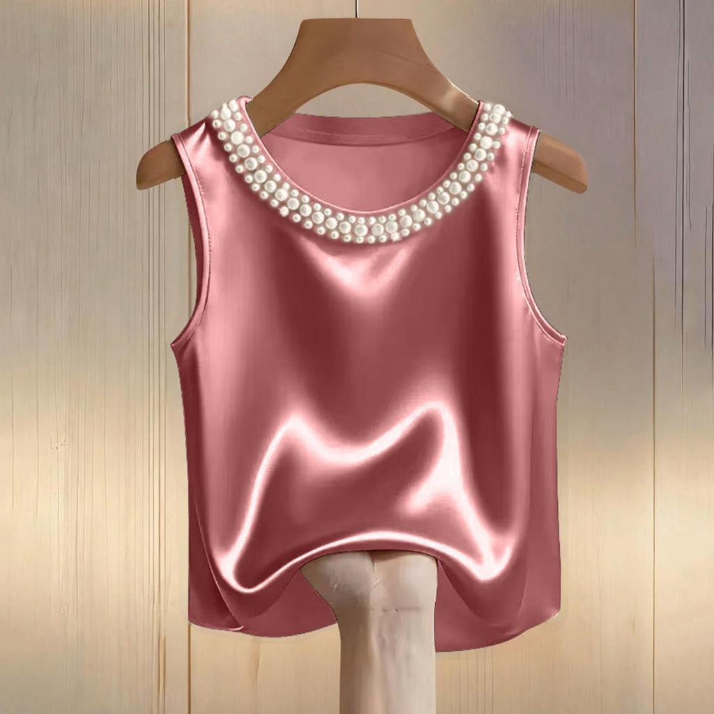 Damen-T-Shirt mit Satin-Perlenmuster, Rundhalsausschnitt und kurzen Ärmeln, lässiges Oberteil