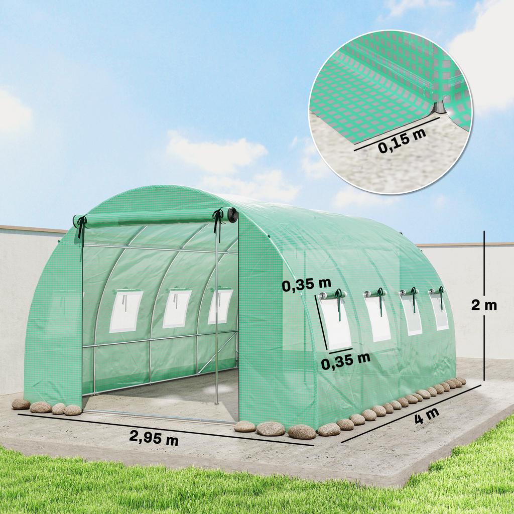 Tunnel Greenhouse, 12 M2, 295 X 400 X 200 Cm, 2 Doors, 8 Windows, PE Cover, Green