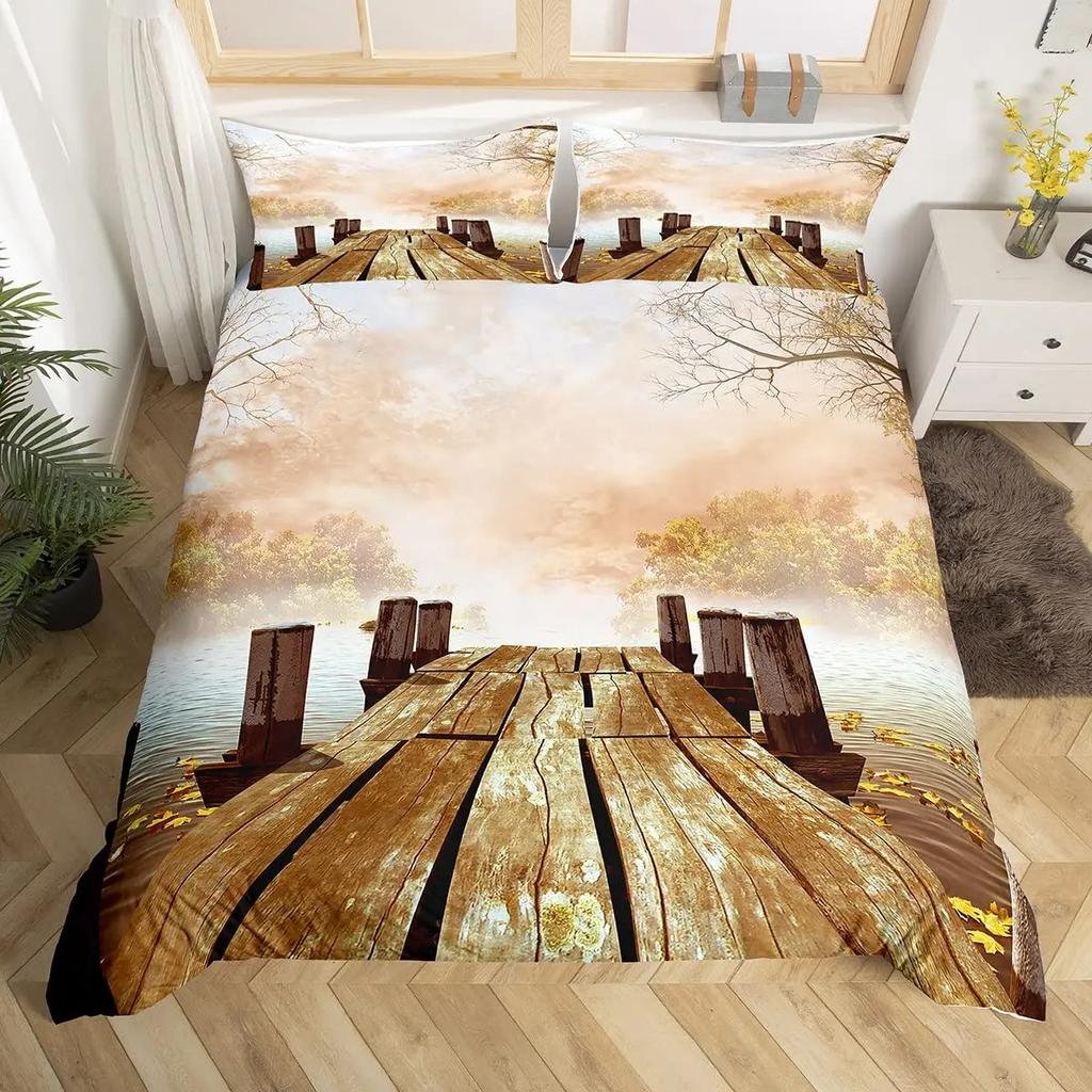 Nature Landscape Duvet Cover Sunset Comforter Cover Lake Landscape Bedding Set Polyester Spring Flower Bedspread Cover King Size