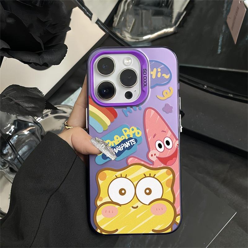 Apple 15pro painted SpongeBob SquarePants 14/13 premium sense 12 colored silver mobile phone case anti-drop hard matte L